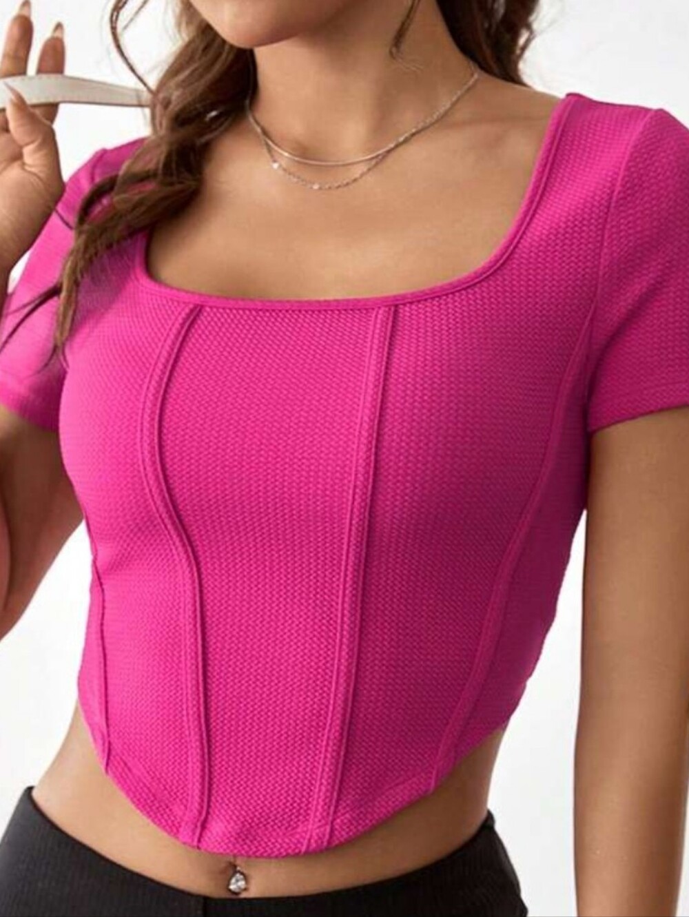Bozzolo Hot Pink Ribbed Scoop Neck Crop Top